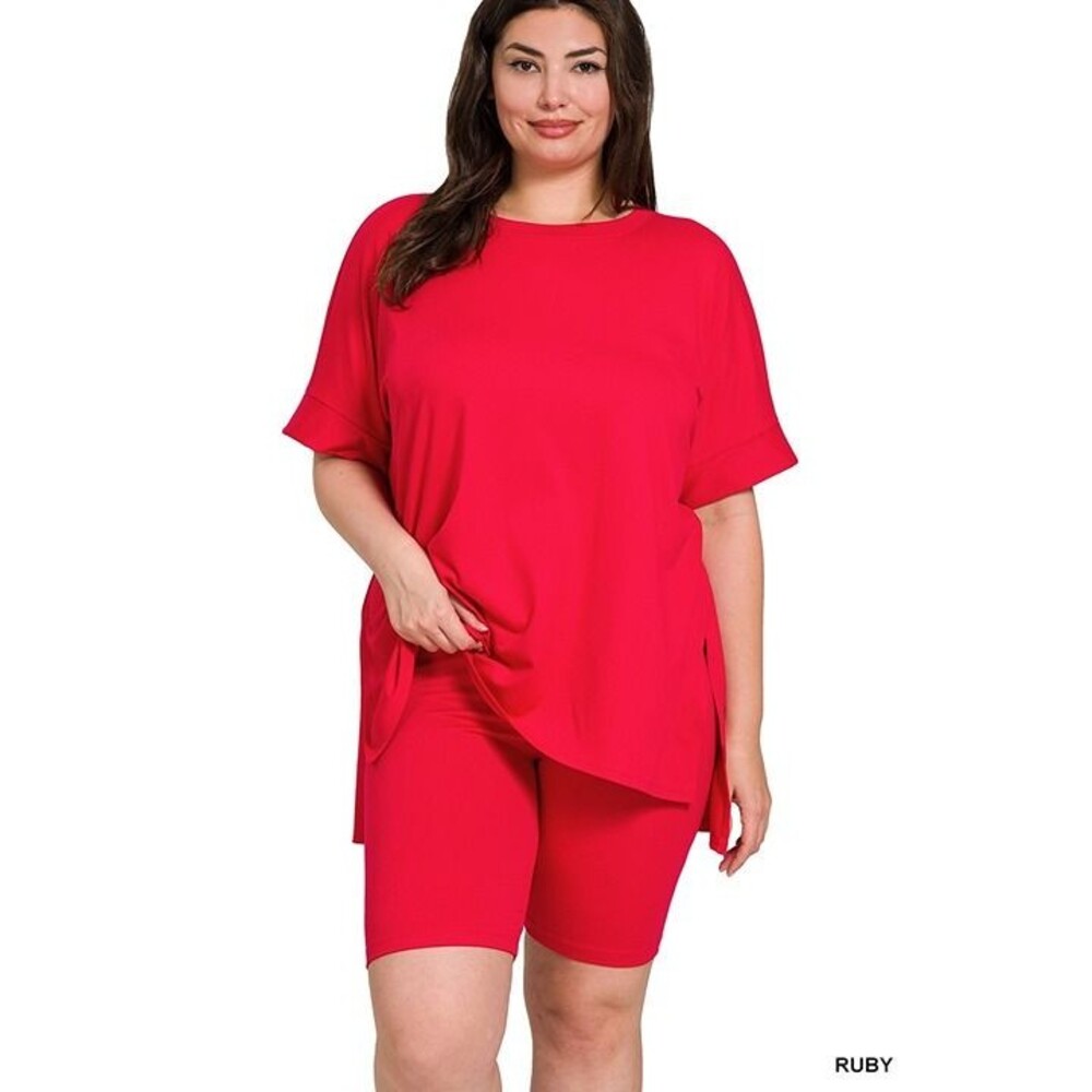 New Size 3X Zenana Brushed Dty Microfiber Round-neck Top & Biker-RUBY